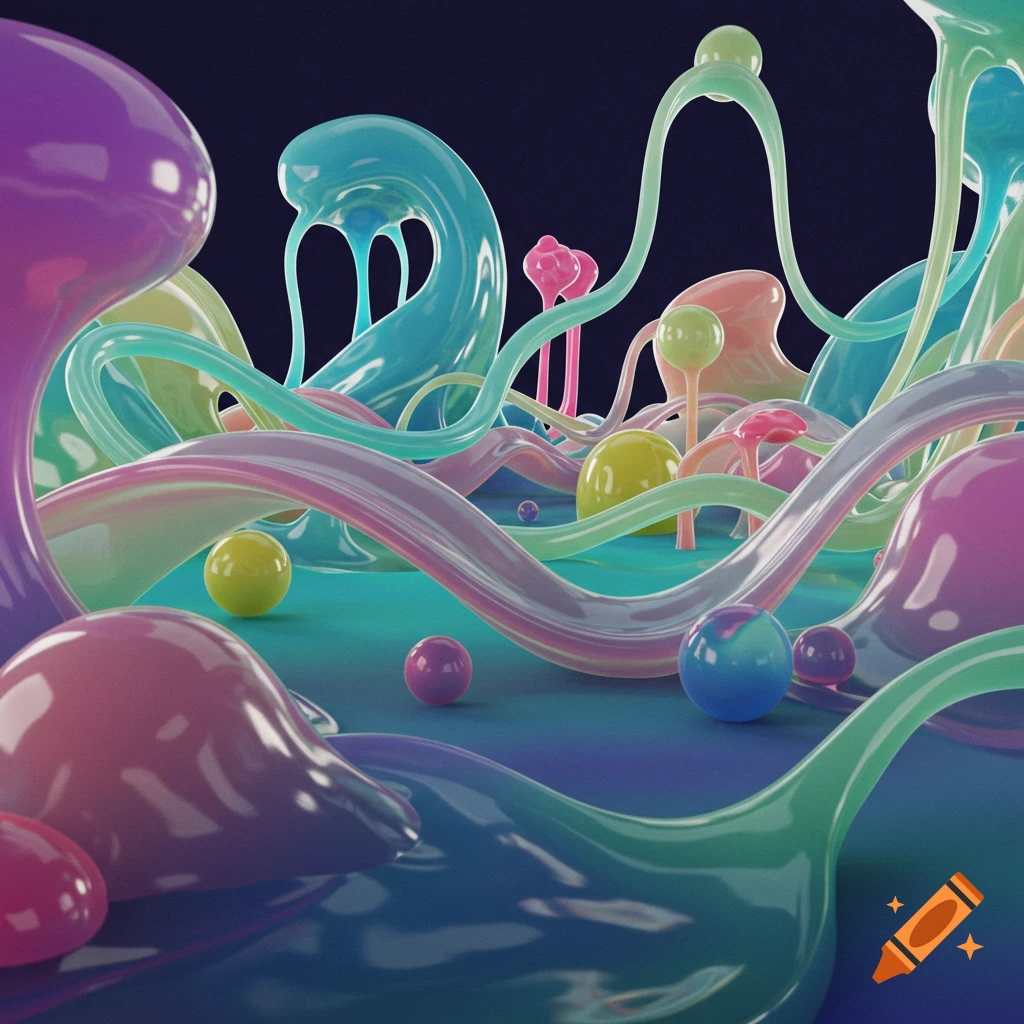 Abstract 3D render of vibrant, glossy, flowing soft-body shapes and spheres in various pastel colors against a dark background.