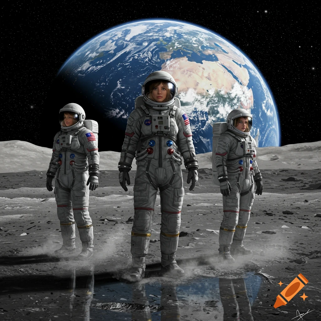 Three astronauts in white suits stand on the lunar surface with the Earth prominent in the background, against a starry sky.