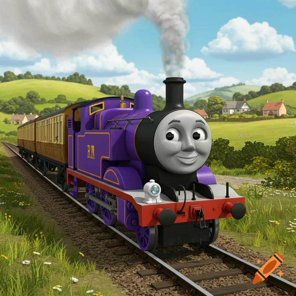 A smiling purple cartoon train with 'RM' on its side pulls brown carriages through a lush green countryside.