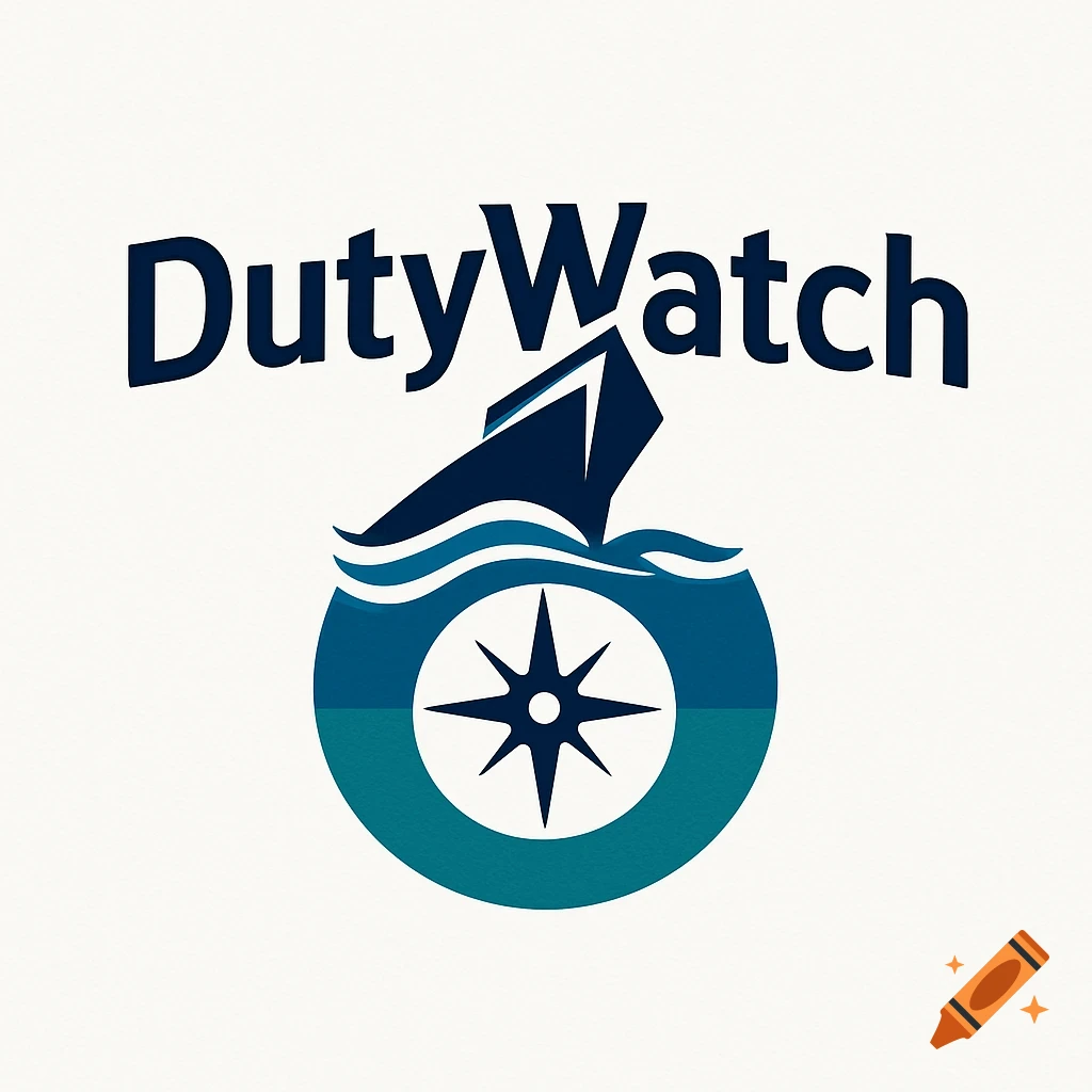 Logo for DutyWatch featuring a dark blue ship on waves over a compass rose within a two-tone blue circle.