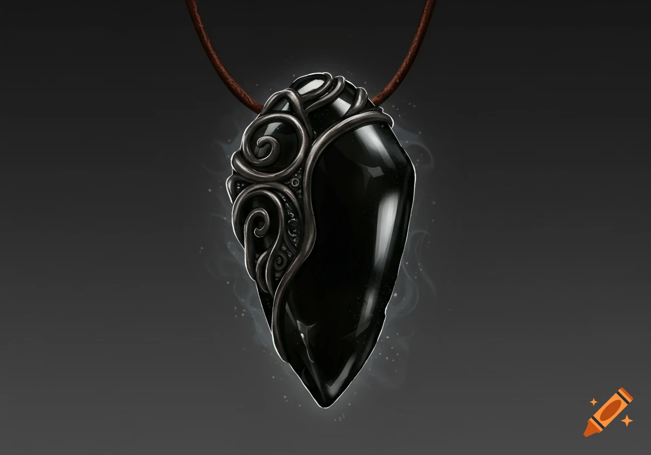 A dark, glossy obsidian pendant with intricate silver filigree on a leather cord, set against a dark background.