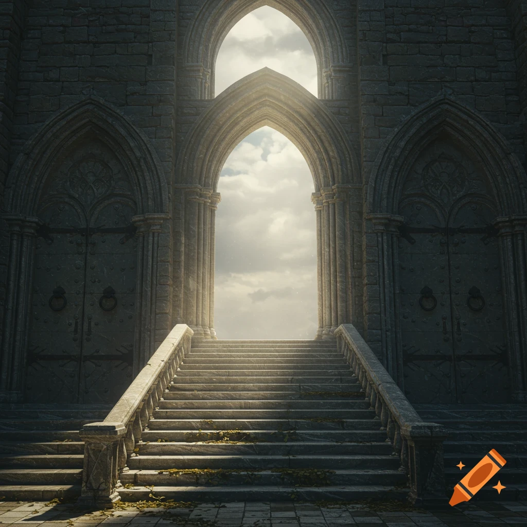 A grand gothic castle entrance with a wide stone staircase leading up to a brightly lit archway under a cloudy sky, flanked by two large, dark doors.