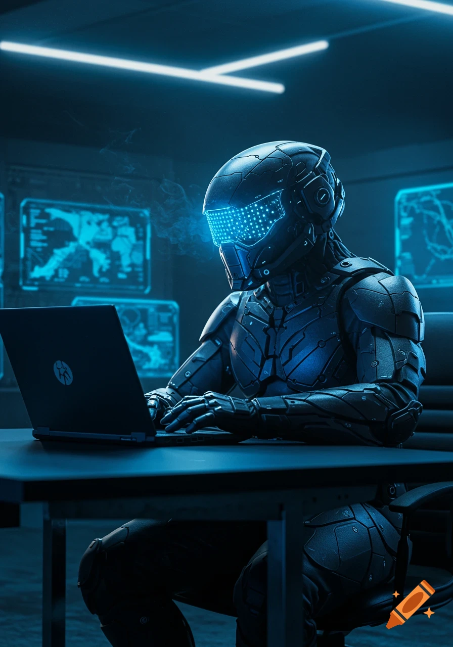 A futuristic cyber-warrior in dark, glowing armor works on a laptop in a dim, high-tech room with blue holographic screens.