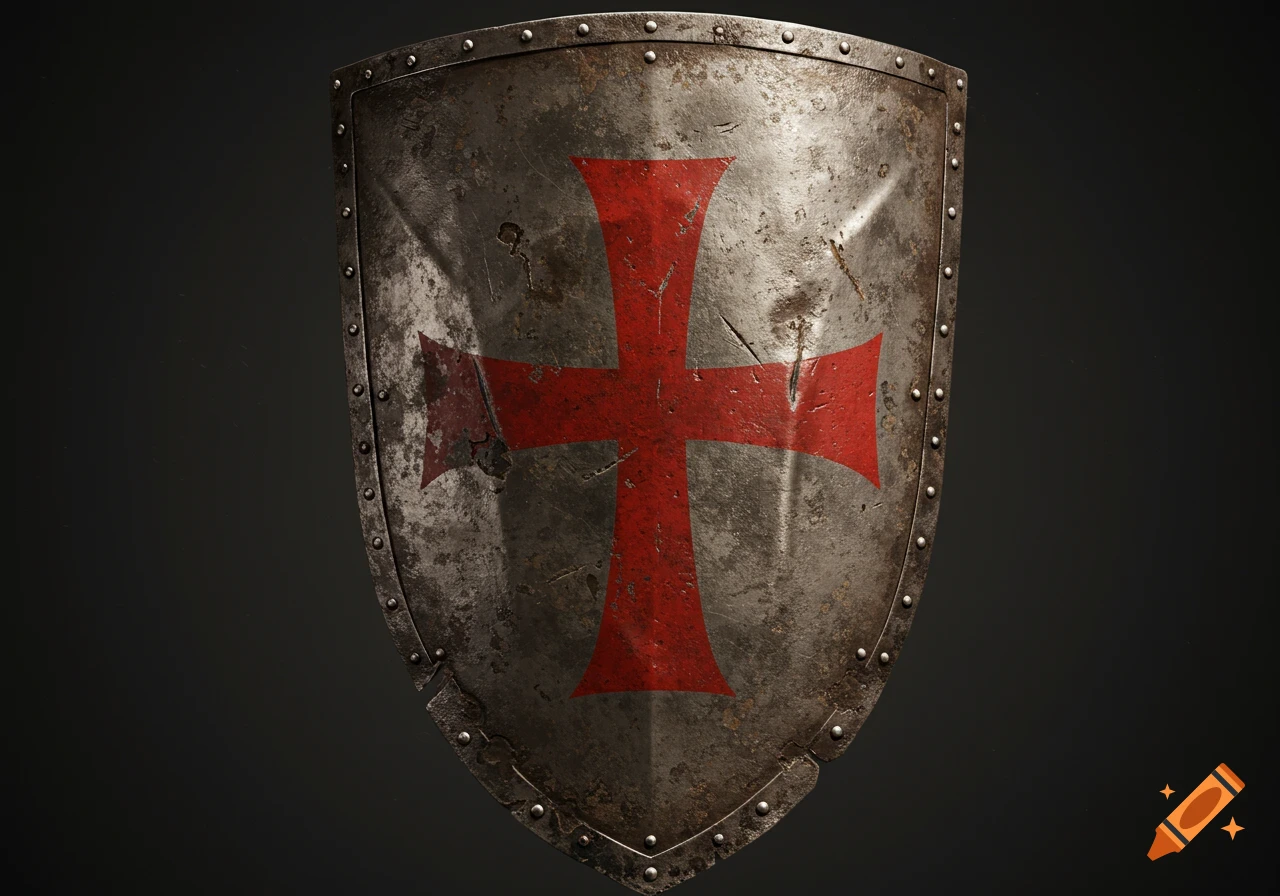 A heavily weathered medieval shield with a large red cross, covered in battle marks, dents, and peeling paint, against a dark background.