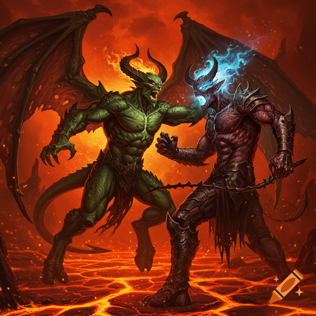 Two powerful demons, one green with fiery horns and the other red with blue flames, fight in a lava-filled hellscape.