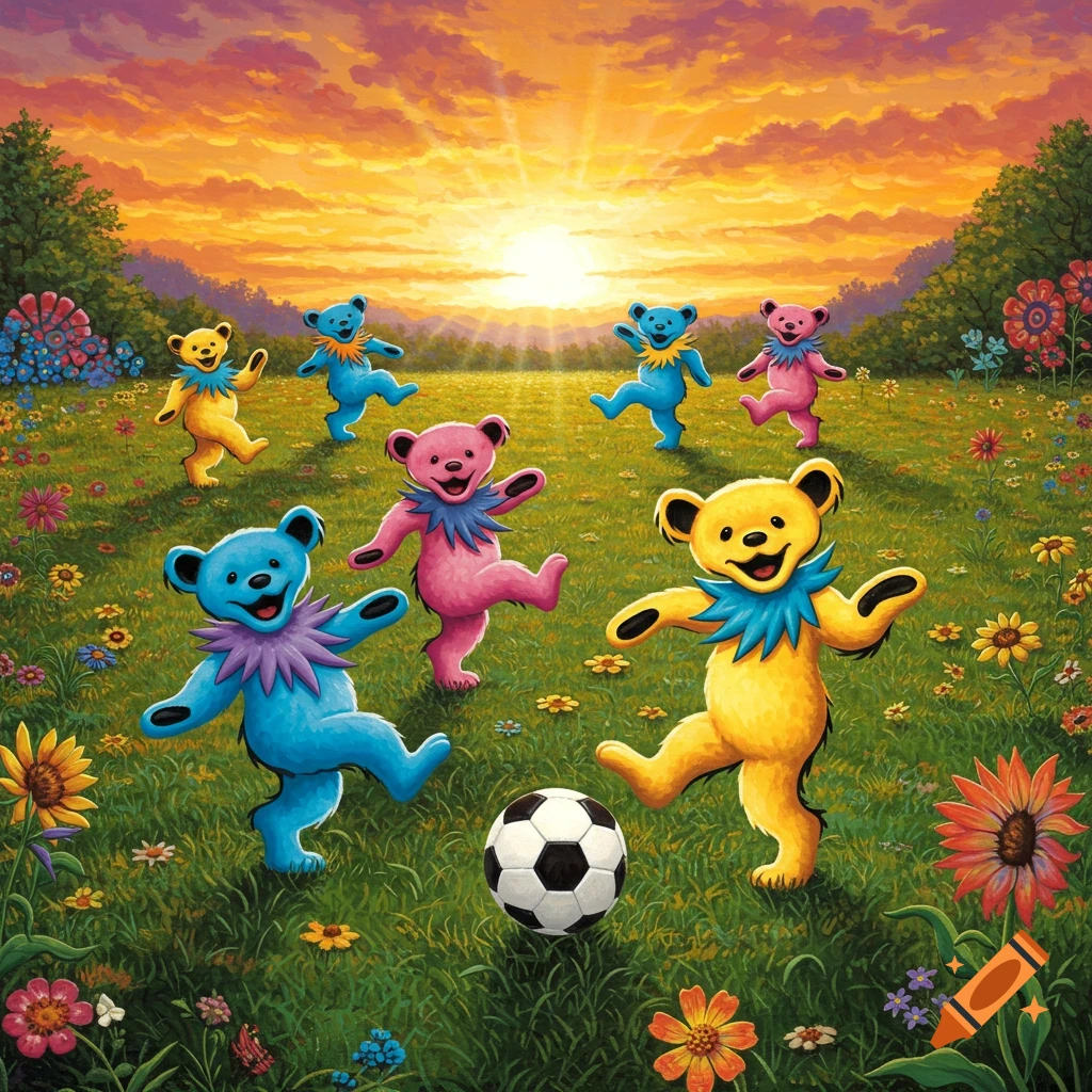 Vibrant cartoon Grateful Dead dancing bears frolic and play soccer in a flower-filled field at sunset.