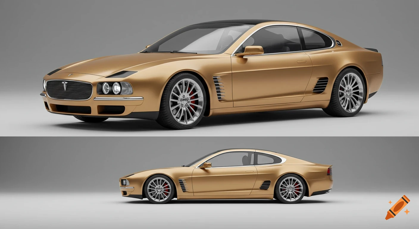 Photorealistic golden retro grand tourer coupe, a customized Tesla Model S, presented in front 3/4 and side views on a neutral background.