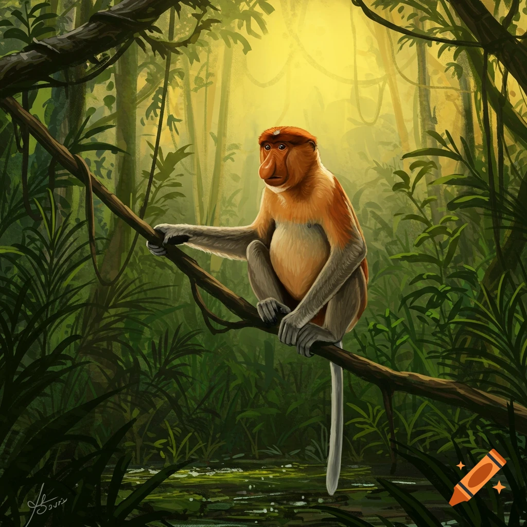 A proboscis monkey with a large nose, orange fur, and grey limbs sits on a branch in a vibrant, sunlit jungle illustration.