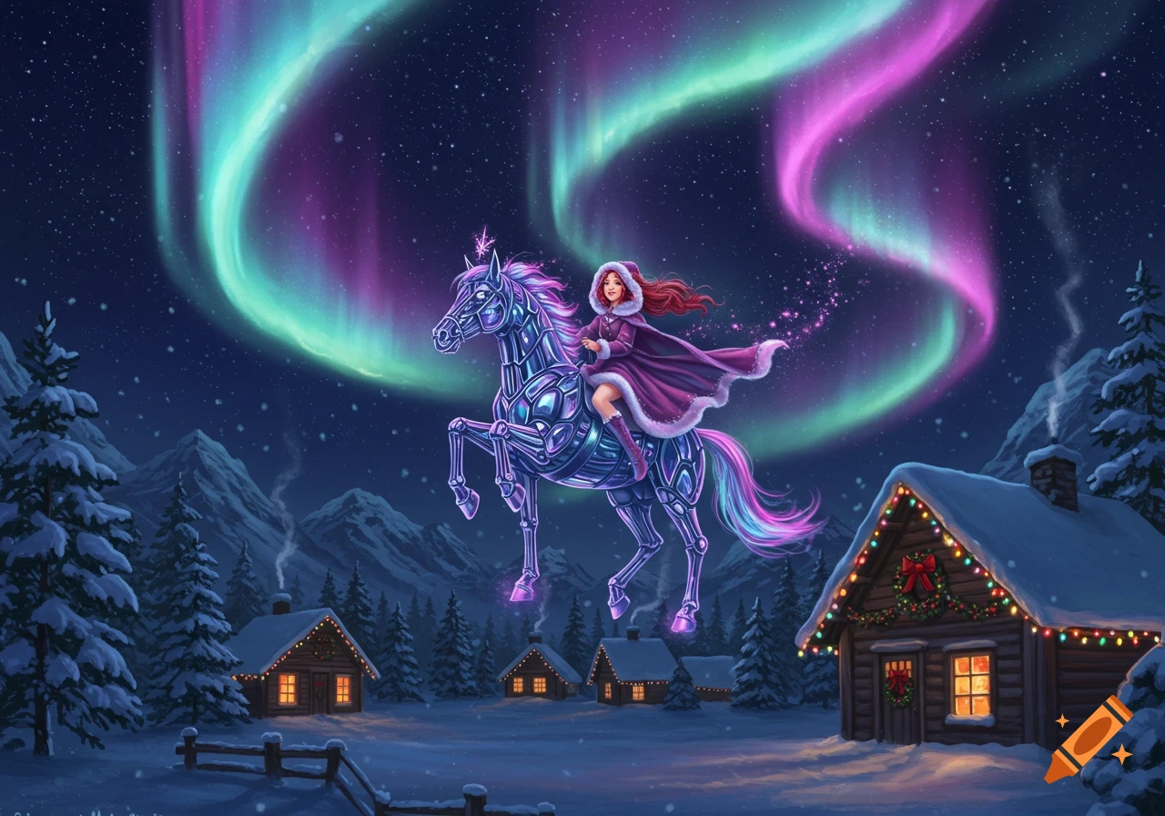 A red-haired girl in a winter cloak rides a metallic horse over a snowy Christmas village under vibrant green and pink aurora borealis.