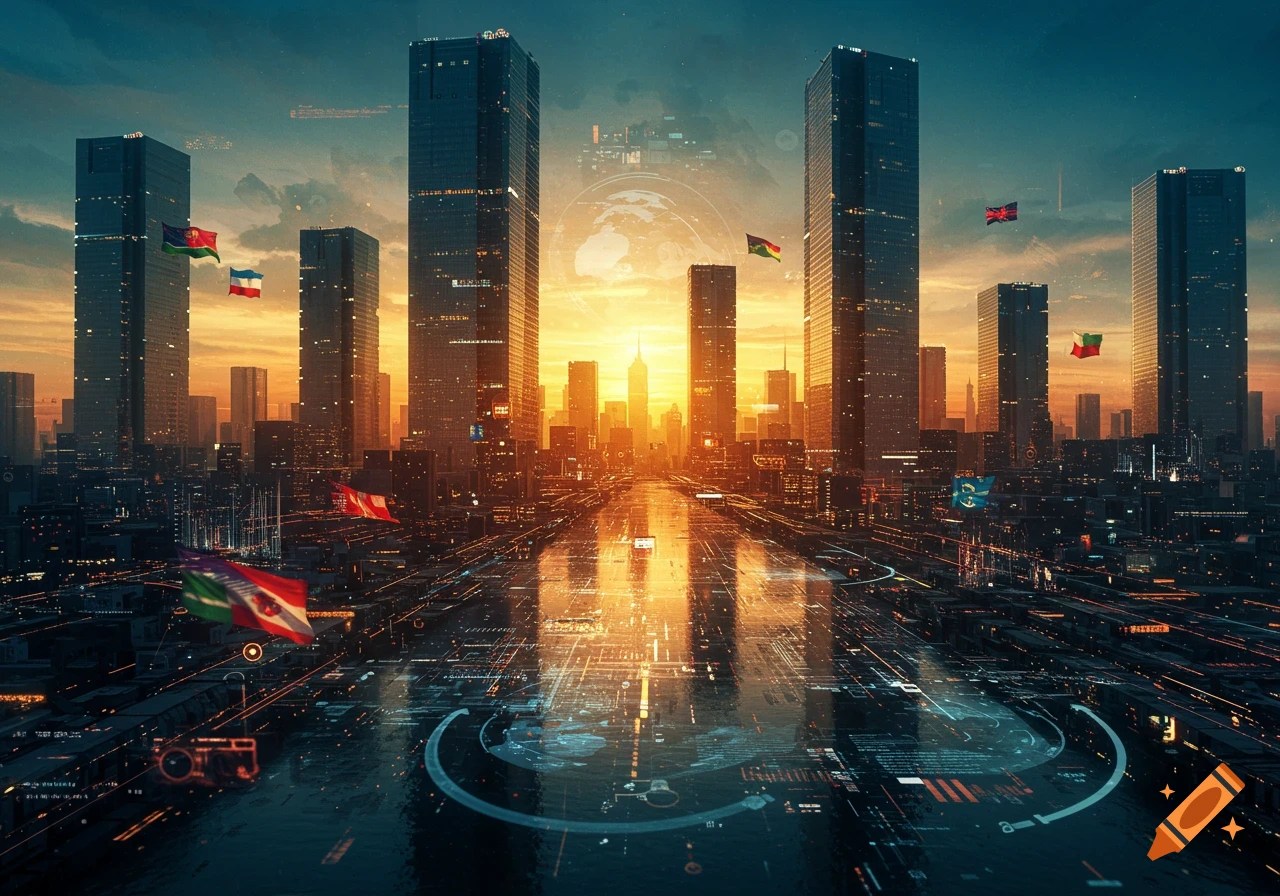A futuristic city skyline at sunset with tall skyscrapers, digital data streams on the ground, and flags flying over the buildings.