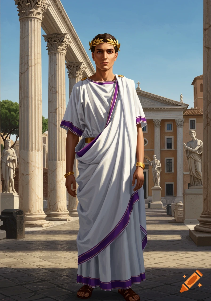 A man in a white toga with purple trim and a golden laurel wreath stands among ancient Roman columns and buildings under a clear sky.