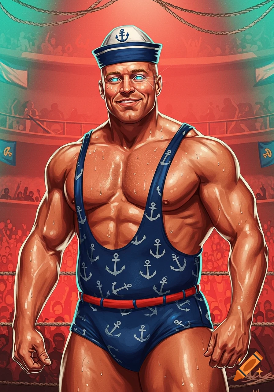 A muscular wrestler in a sailor's hat and a blue anchor-patterned singlet smiles in a wrestling ring, with a cheering crowd behind him.