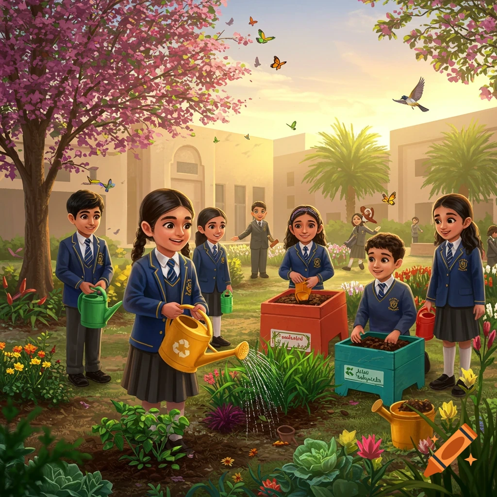 Colorful illustration of smiling students in school uniforms gardening and watering plants in a sunny school courtyard.