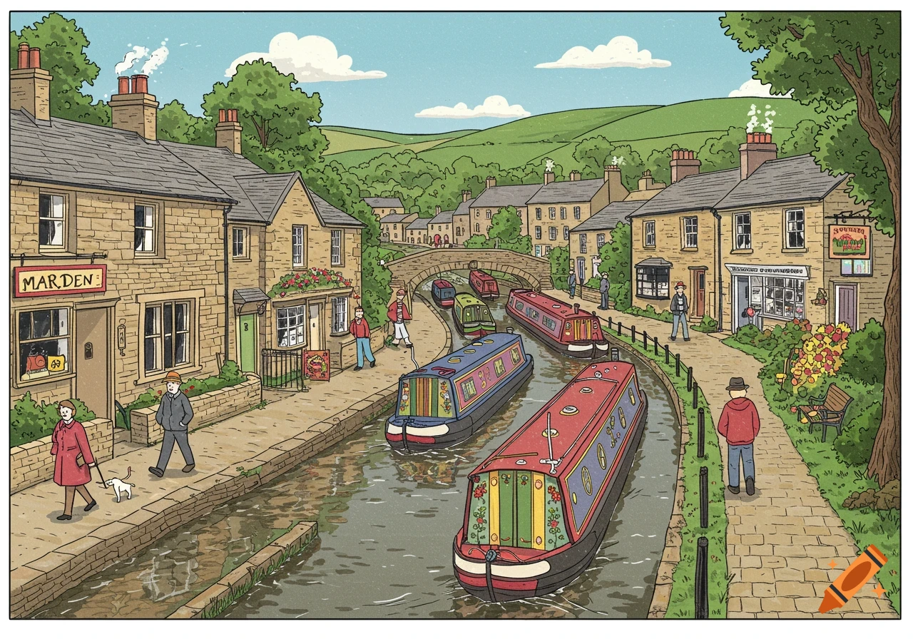 Cartoon drawing of a quaint village along a canal, with colorful boats, stone houses, and people.