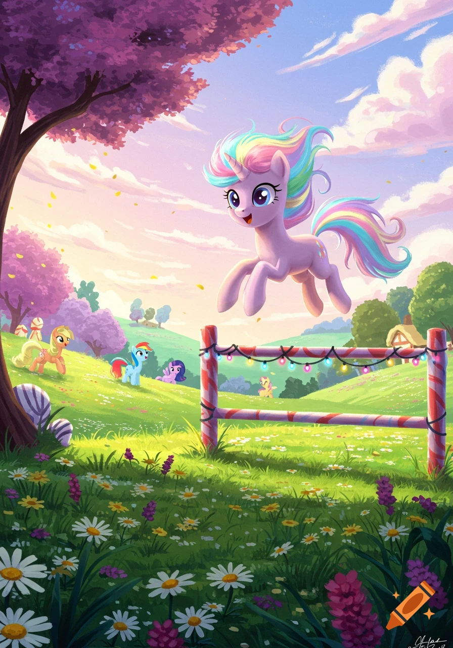 A pastel unicorn with a rainbow mane jumps over a candy-cane fence in a vibrant, flowery meadow with other ponies.