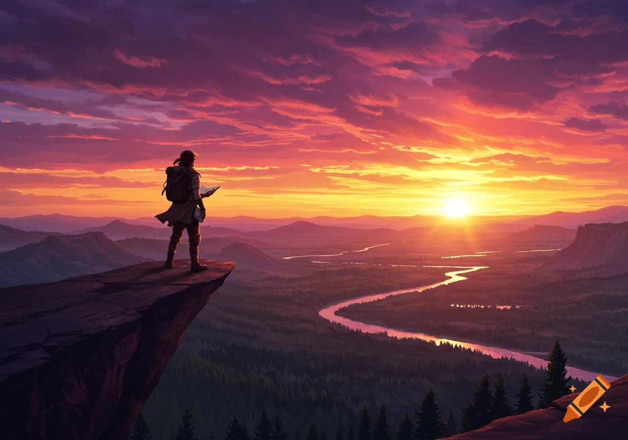 A lone adventurer with a backpack stands on a cliff edge, holding a book, overlooking a vast landscape with a river at sunset. Digital art.