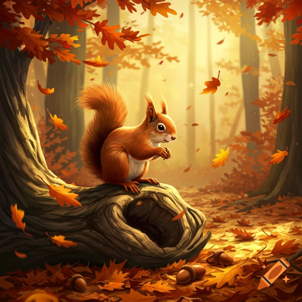 A red squirrel sits on a fallen log, holding a nut, surrounded by fallen orange and yellow autumn leaves in a sunny forest.