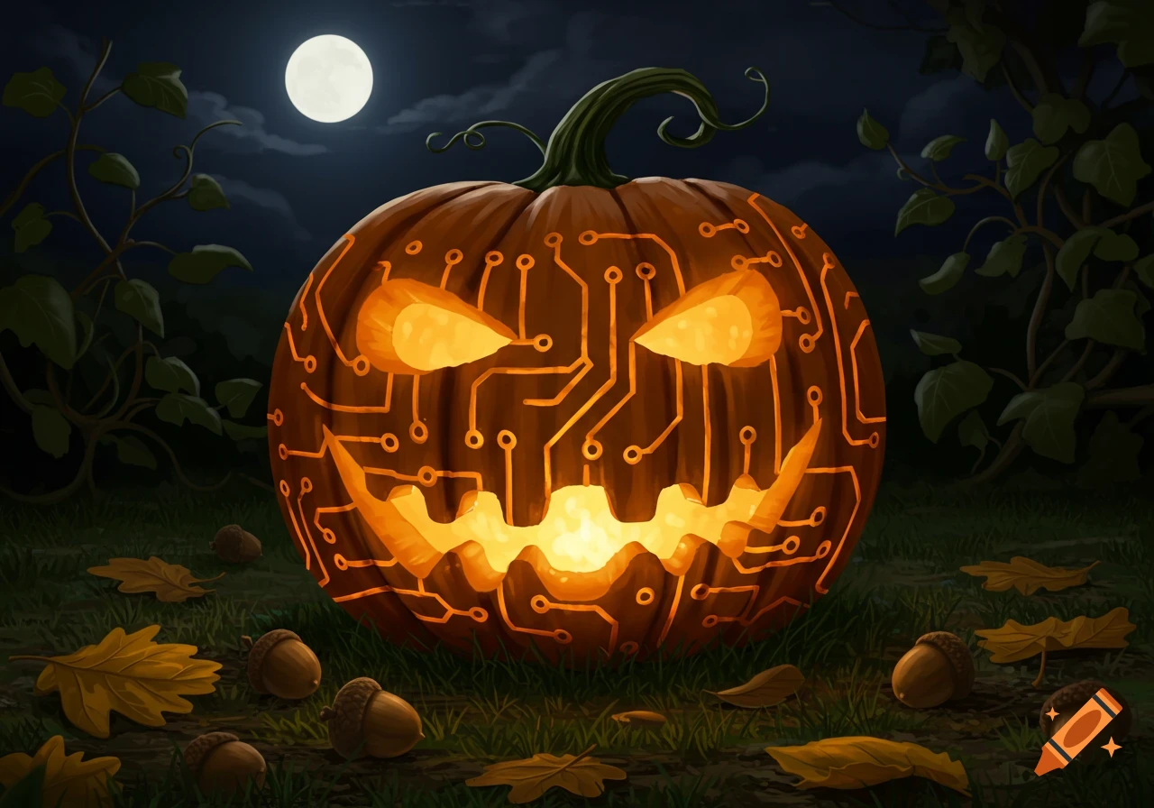 A glowing jack-o'-lantern carved with a circuit board pattern sits on grass with acorns and leaves under a full moon at night.