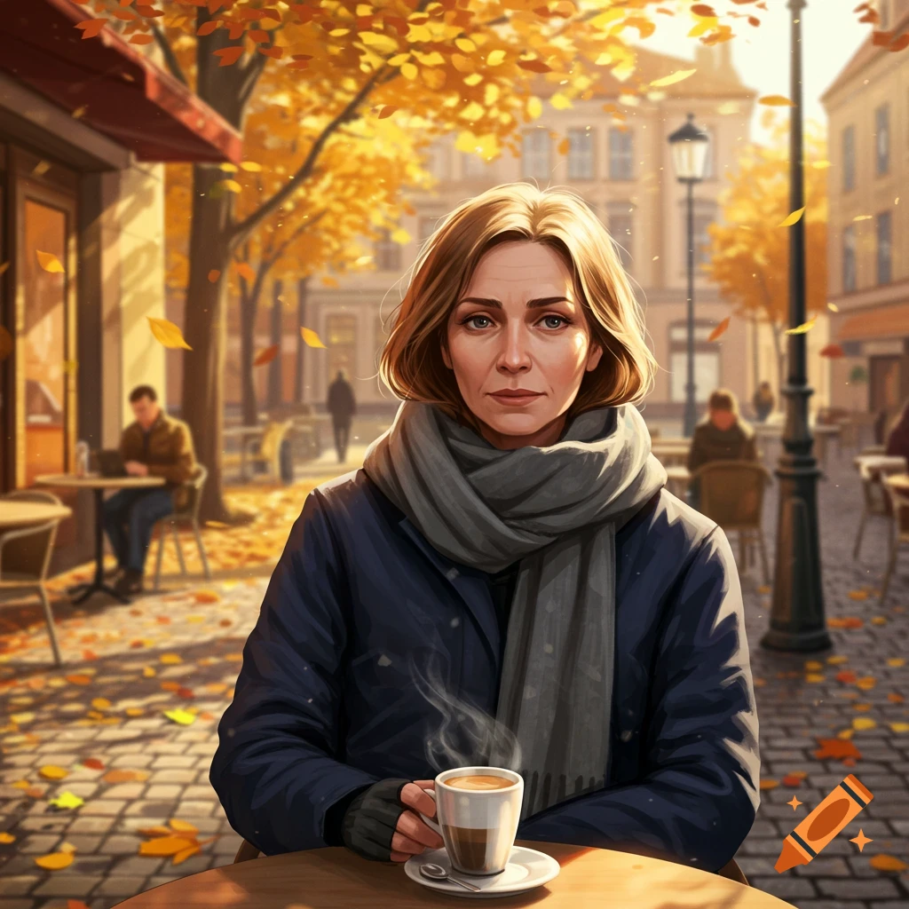 A woman in a dark coat and gray scarf sits at an outdoor cafe table, holding a steaming cup of coffee, with golden autumn leaves falling around her.