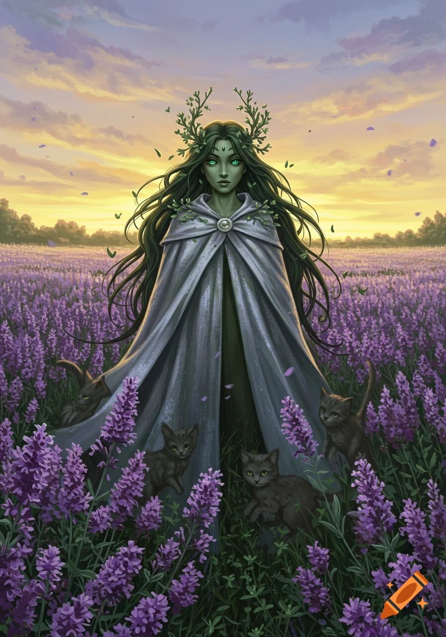 A green-skinned fantasy woman with leafy antlers stands in a purple lavender field at sunset, surrounded by kittens and a rabbit.