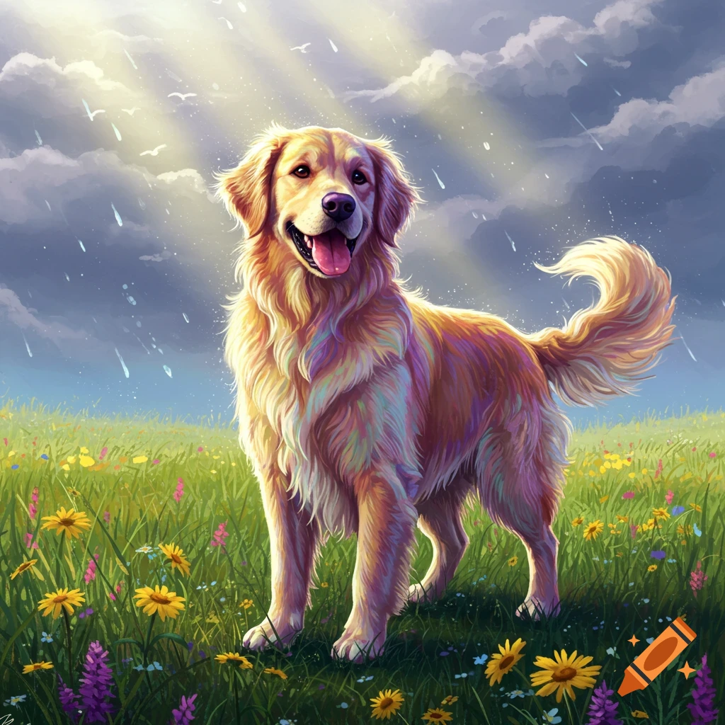 A colorful Golden Retriever stands in a vibrant flower field under a cloudy, sun-dappled sky with falling rain.