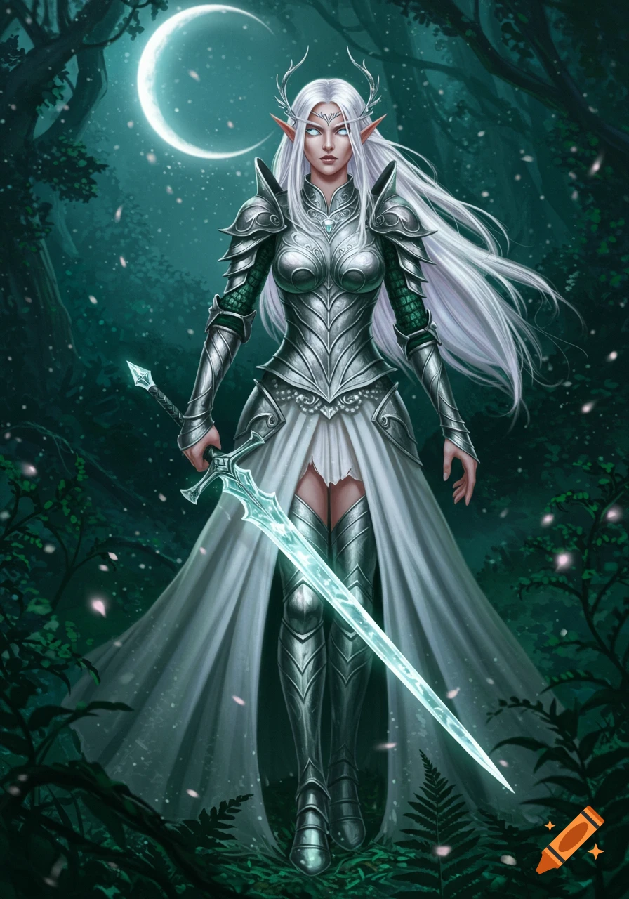 White-haired elven warrior in elegant silver armor and white gown stands in a dark forest under a crescent moon, holding a glowing glass sword.