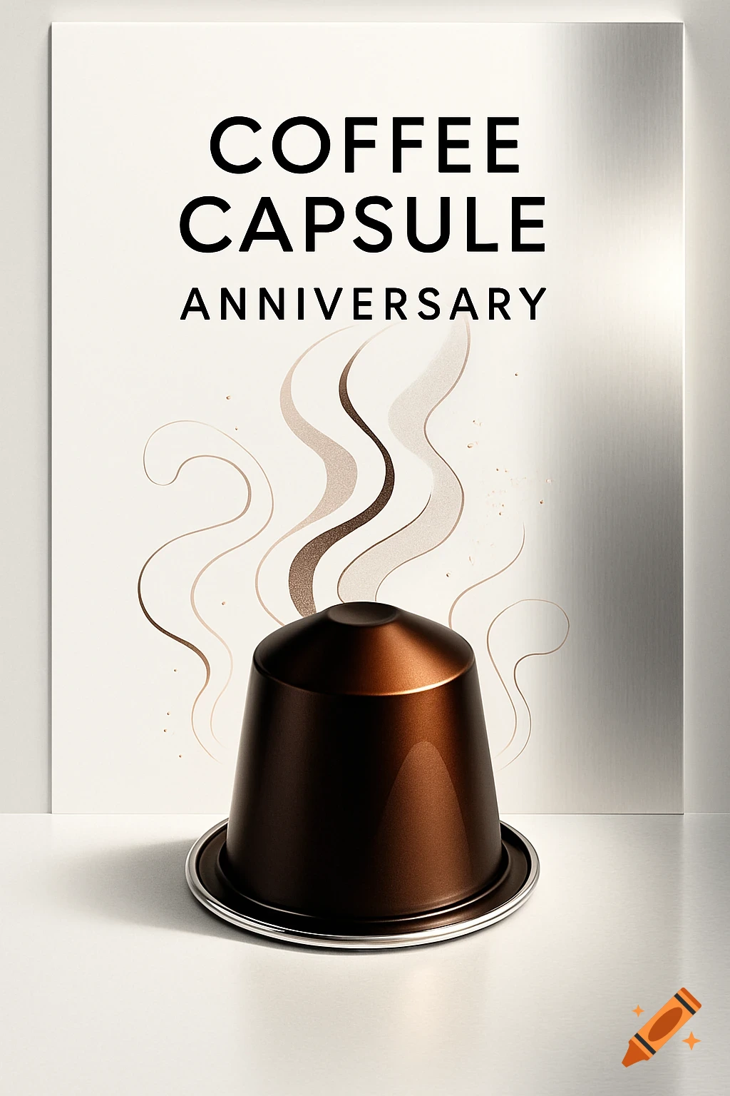 Bronze coffee capsule on a white surface, with a modern poster reading 'COFFEE CAPSULE ANNIVERSARY' and stylized steam.