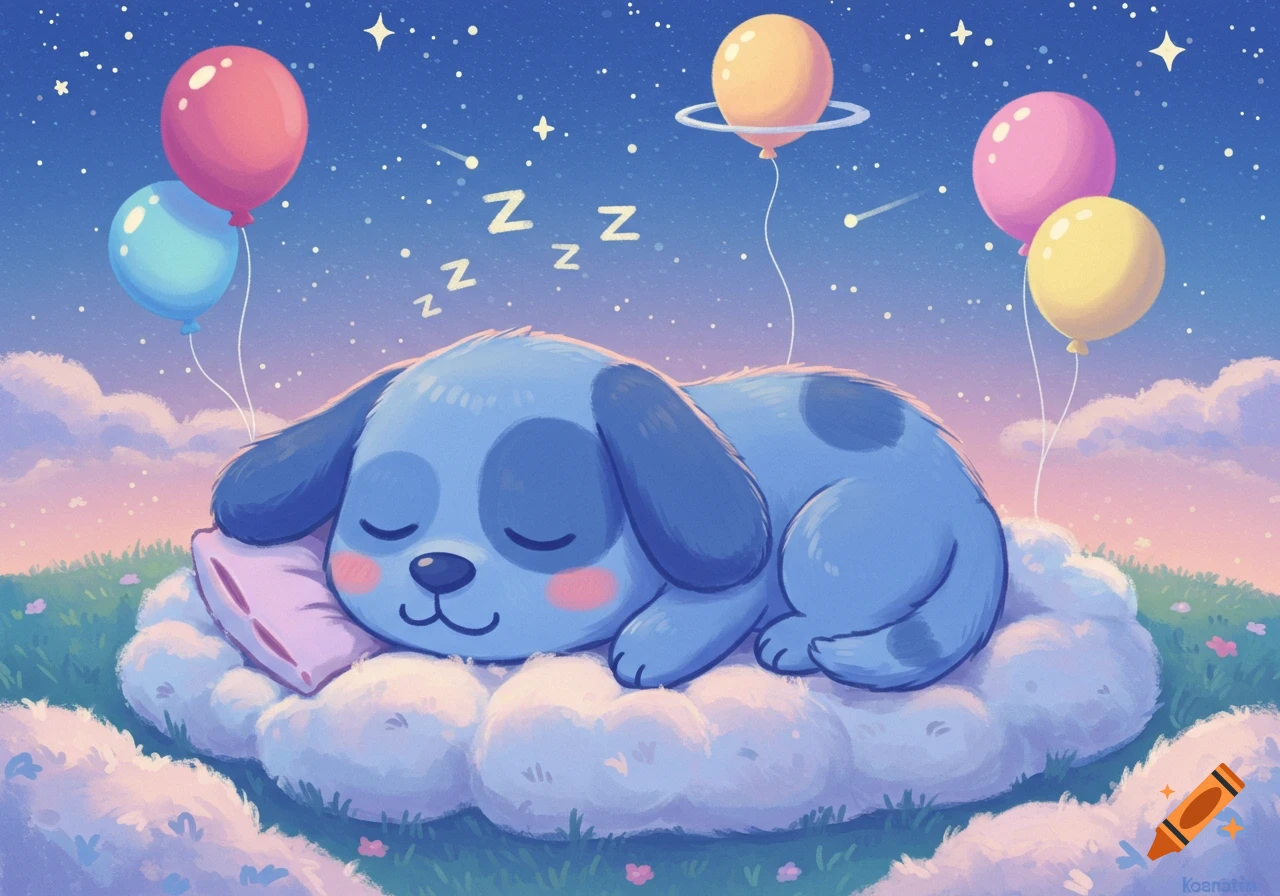 A cute blue cartoon dog sleeps on a fluffy cloud under a starry night sky with colorful balloons.