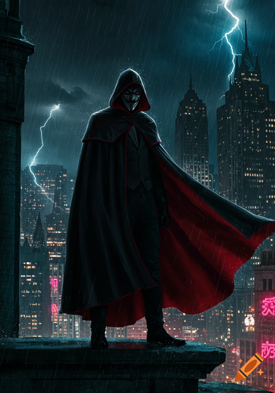 A masked figure in a black and red cloak stands on a rainy rooftop overlooking a neon-lit city skyline under a lightning-filled night sky.