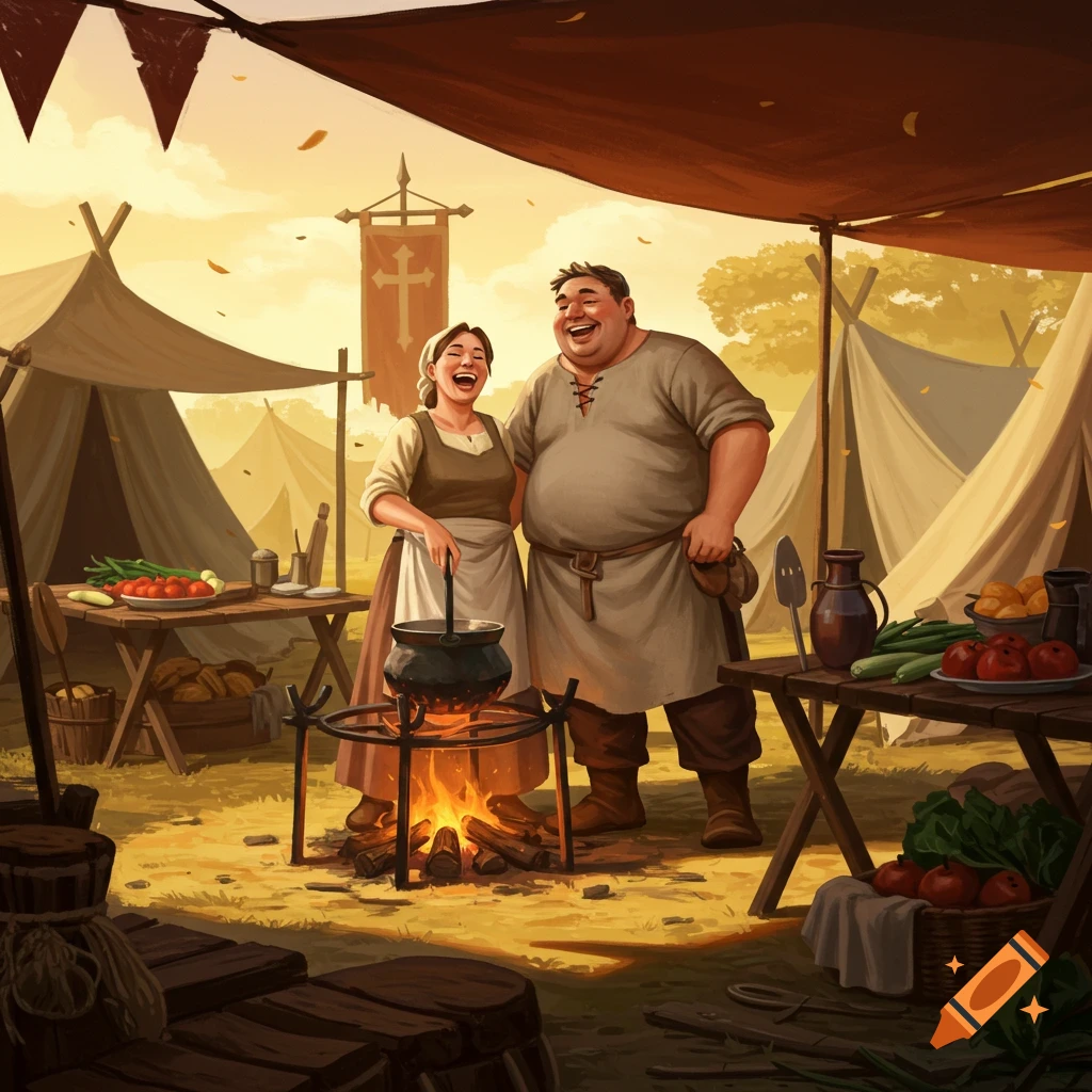 A smiling man and woman cook over an open fire in a medieval-style camp, surrounded by tents at sunset.