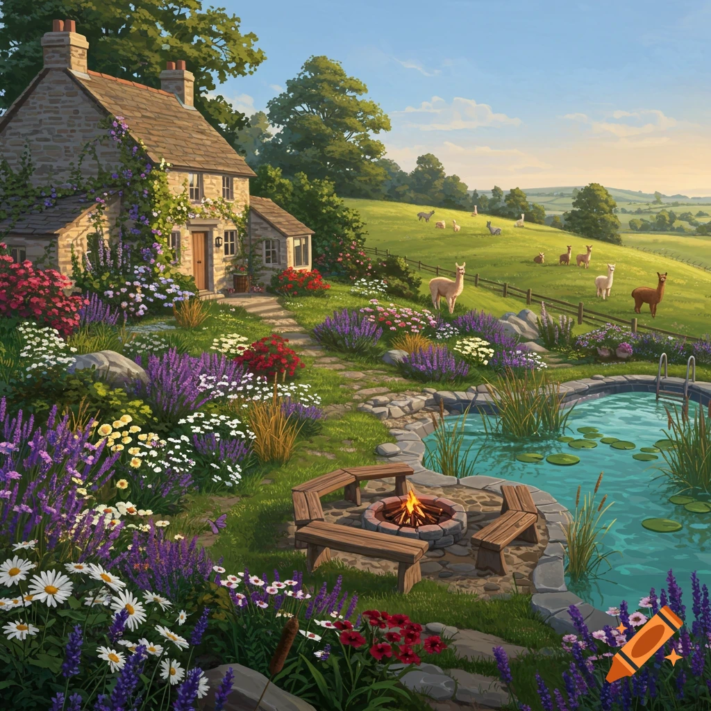 A picturesque stone cottage nestled in a vibrant flower garden with a natural pool and fire pit, overlooking a green hillside with grazing alpacas.