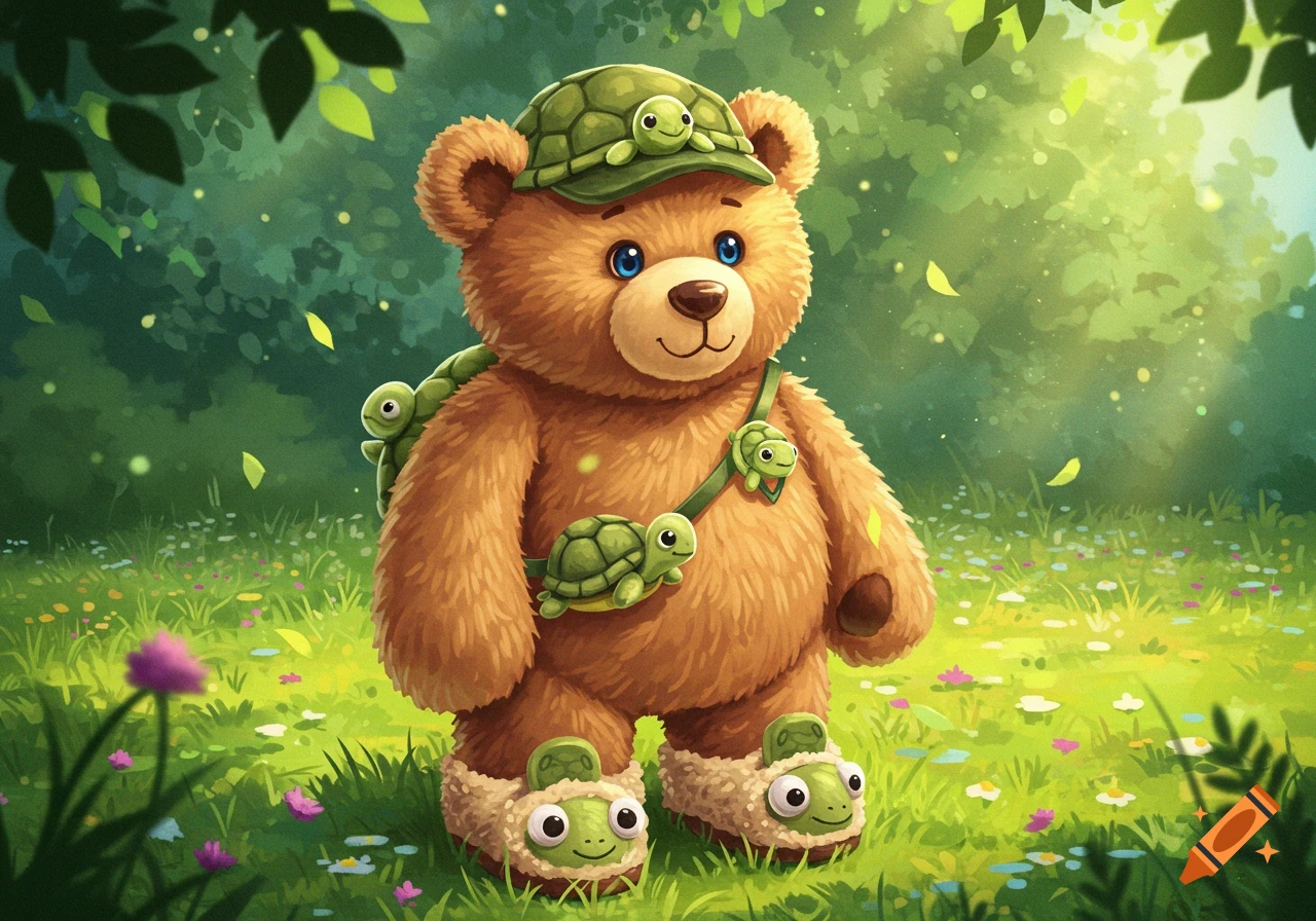 A cute, cartoon teddy bear with turtle hat, backpack, fanny pack, and slippers stands in a sunny forest meadow.