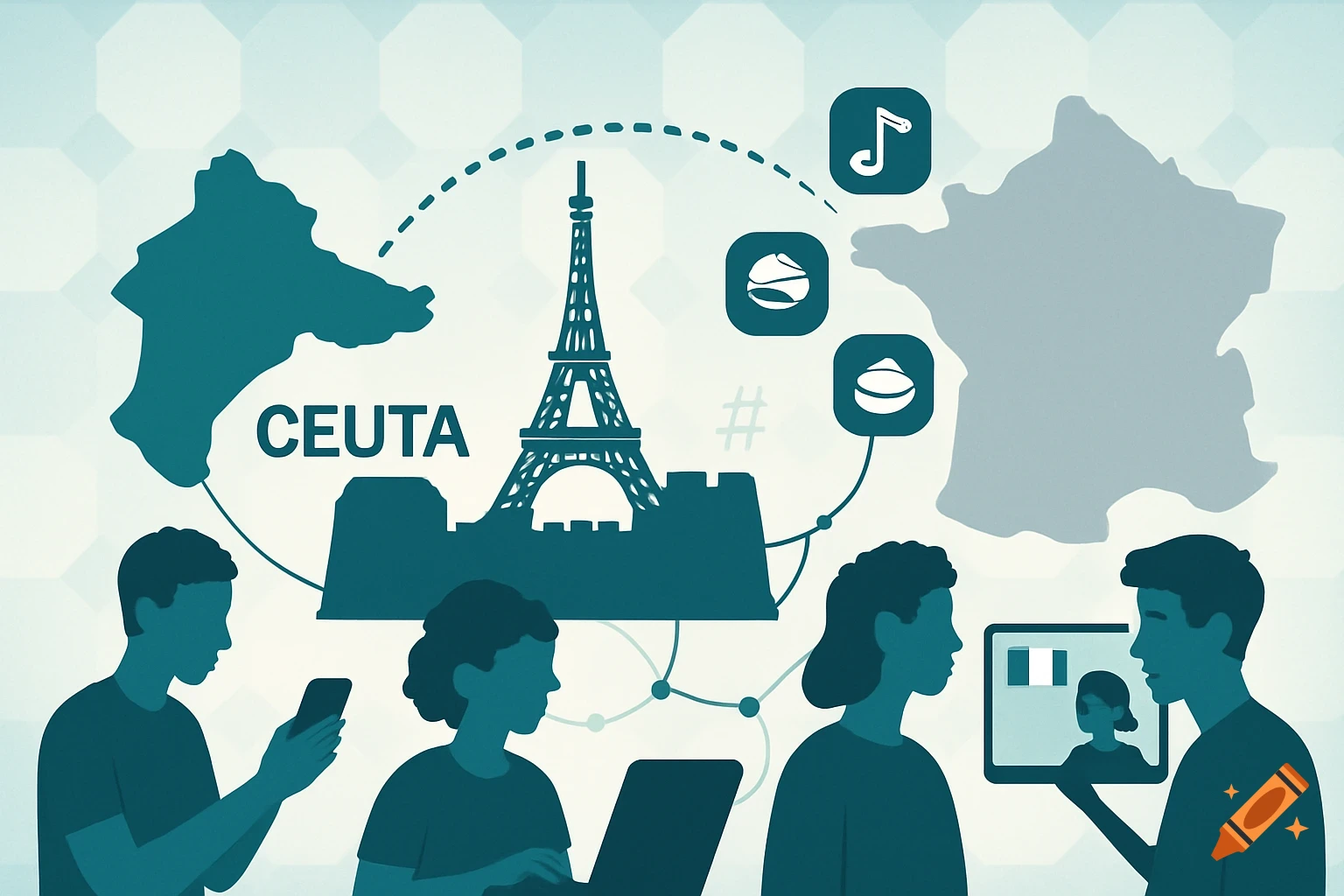 Digital illustration with stylized maps of Ceuta and France, Eiffel Tower, people with tech, and network connections symbolizing cultural exchange.