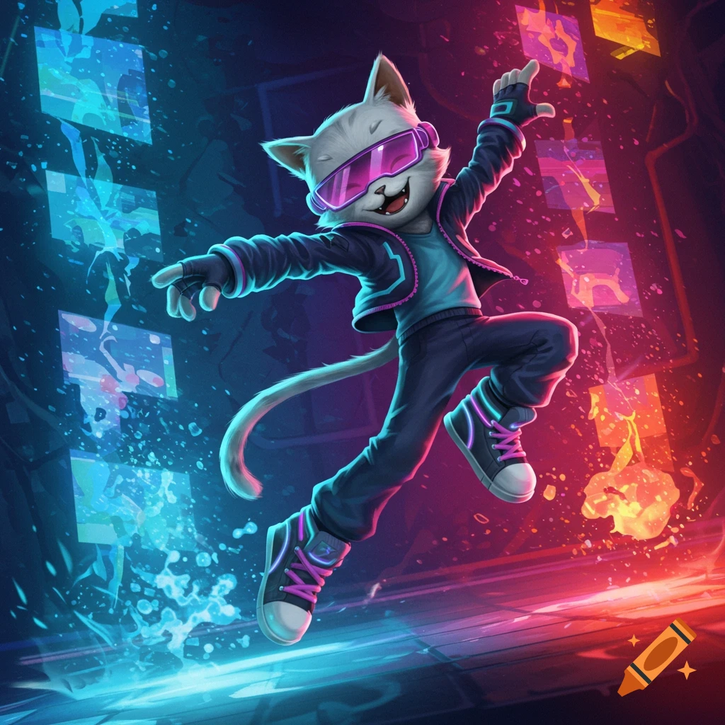 A stylized cat character with purple goggles, jacket, and sneakers dances in a vibrant, neon, digital setting.