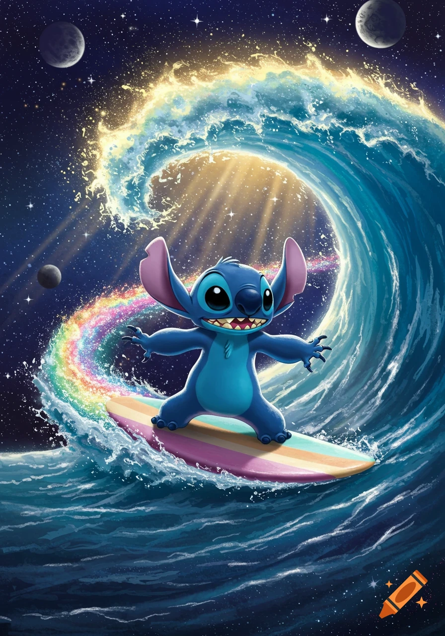 Stitch surfing on a rainbow surfboard on a giant wave in space, with planets and stars visible in the background.