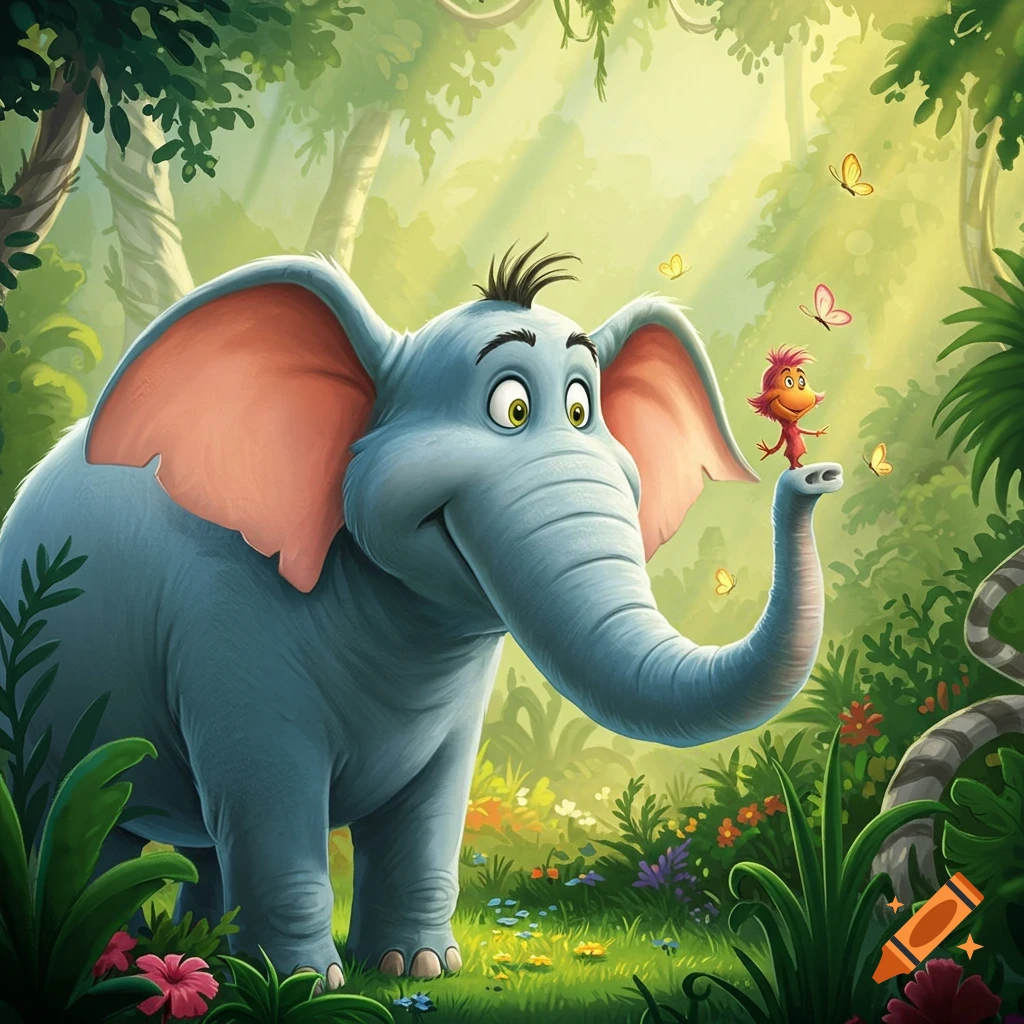 Friendly blue cartoon elephant smiles, balancing a small pink creature on its trunk in a lush jungle with butterflies and flowers.