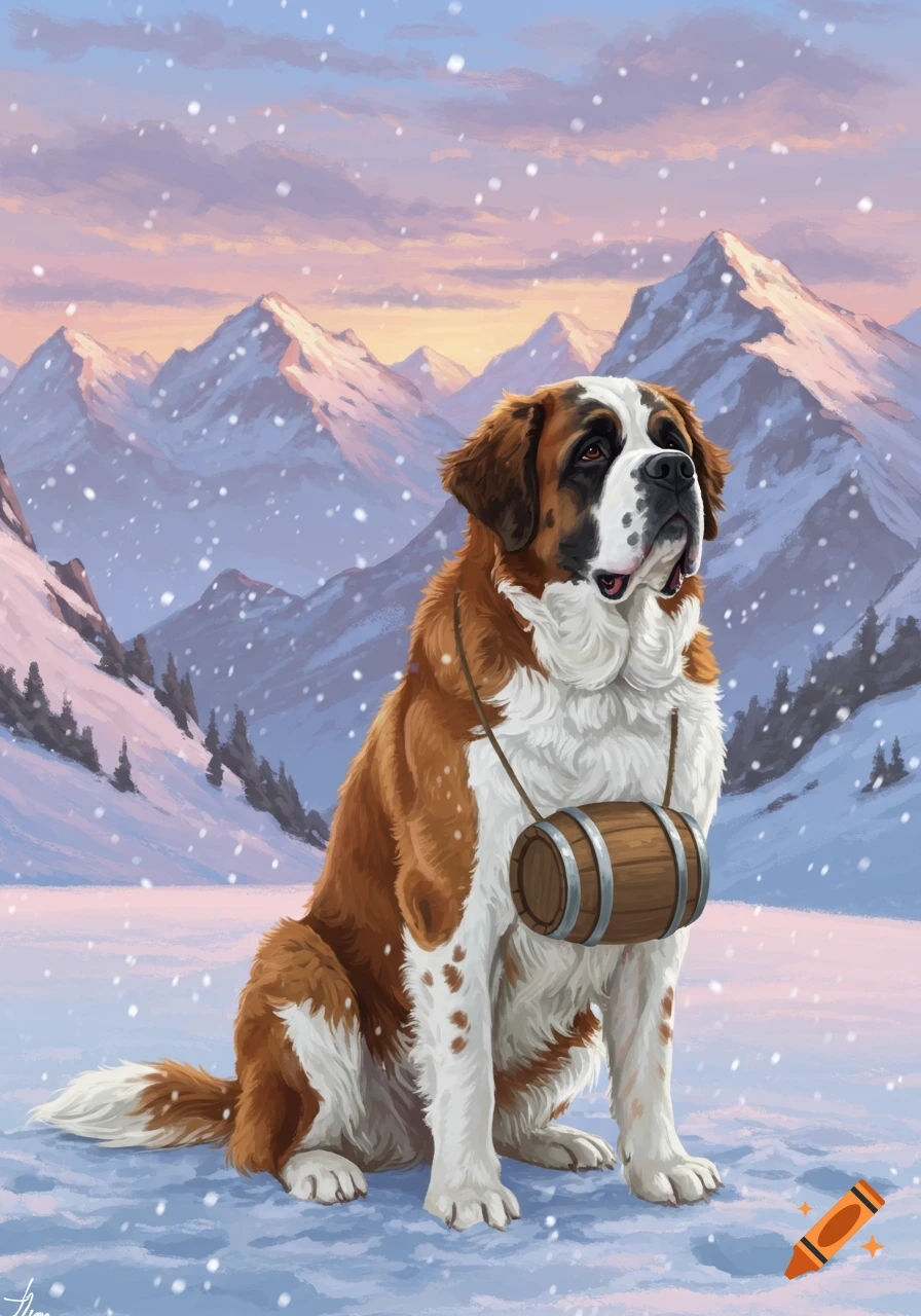 A St. Bernard dog with a small barrel around its neck sits in a snowy mountain landscape during sunset, digital painting.