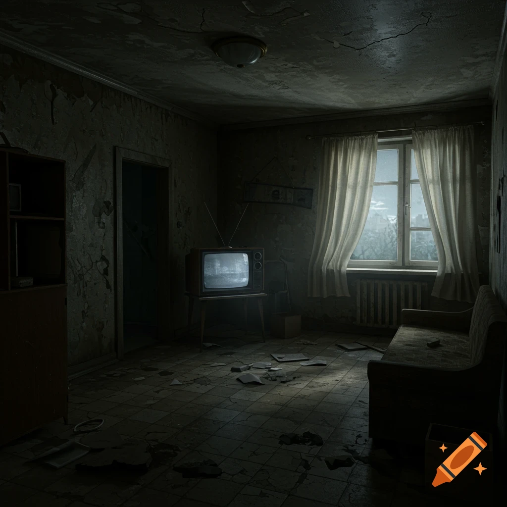 A dark, dilapidated apartment with peeling wallpaper, an old television, and a couch, illuminated by a window.