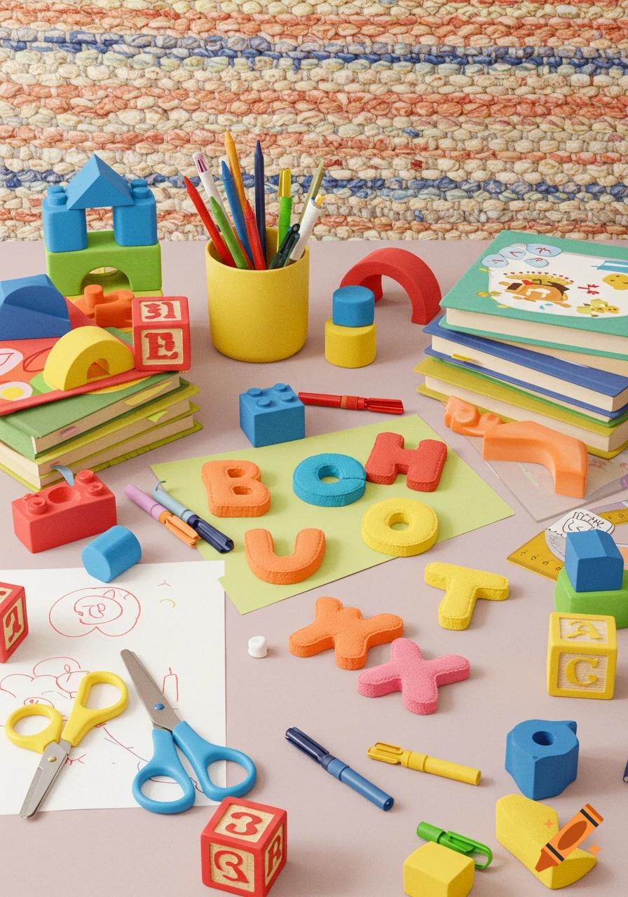 Colorful kindergarten school supplies, including blocks, felt letters, pencils, scissors, and books, on a pink table with a textured rug.