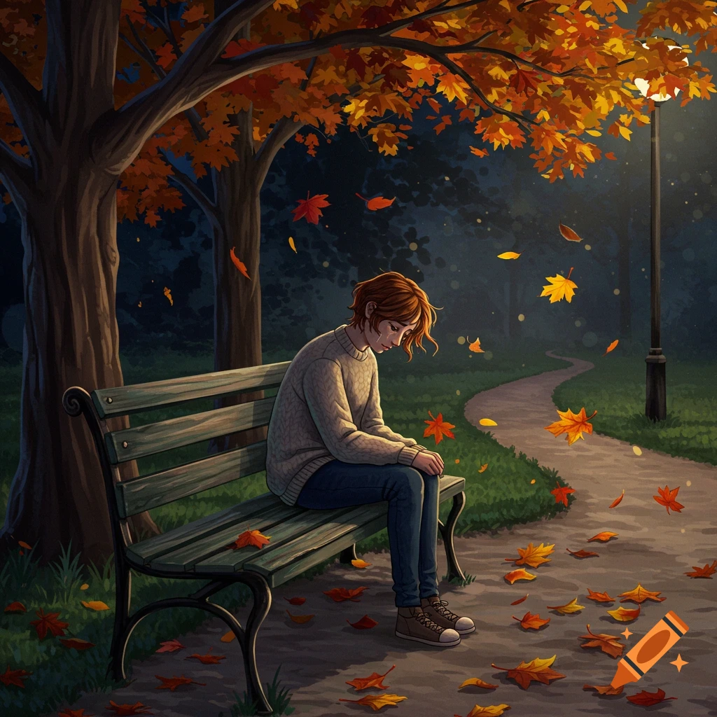 An illustration of a person with reddish-brown hair sitting sadly on a park bench amidst fallen autumn leaves under an autumn tree and a lamppost.