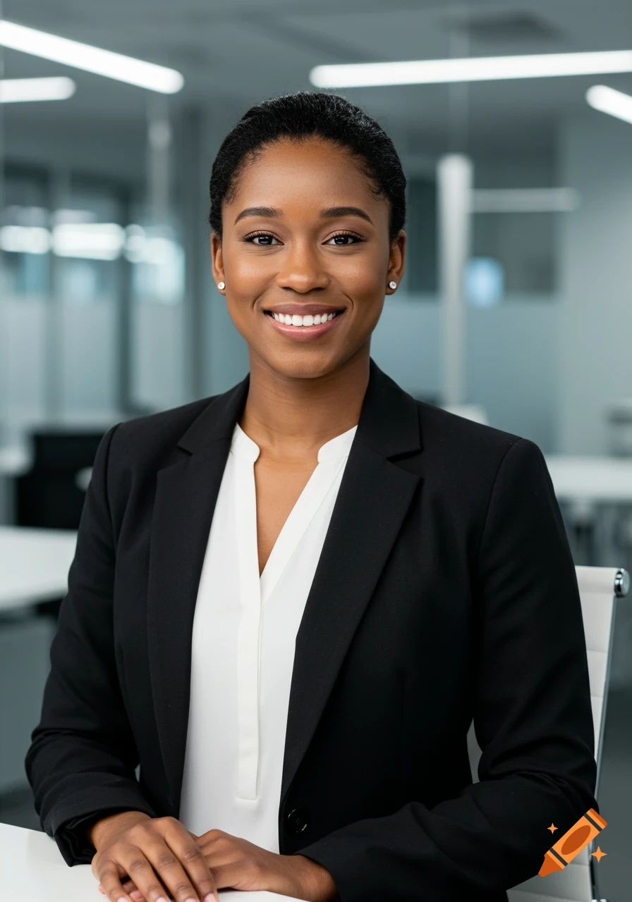 Smiling young Black woman in a black blazer and white blouse, seated in a modern corporate office.