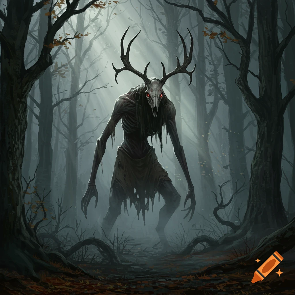 A terrifying skeletal wendigo with antlers and glowing red eyes stands in a dark, foggy forest with bare trees.
