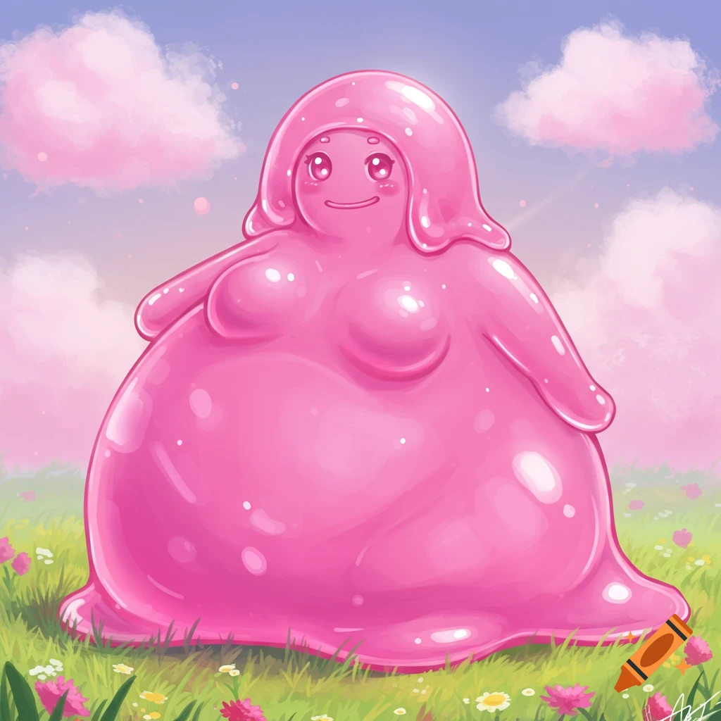 A huge, cute, pink, blob-like slime girl with dotted eyes and a melting smile sits in a grassy field under a pink and blue sky with fluffy clouds. Digital art.