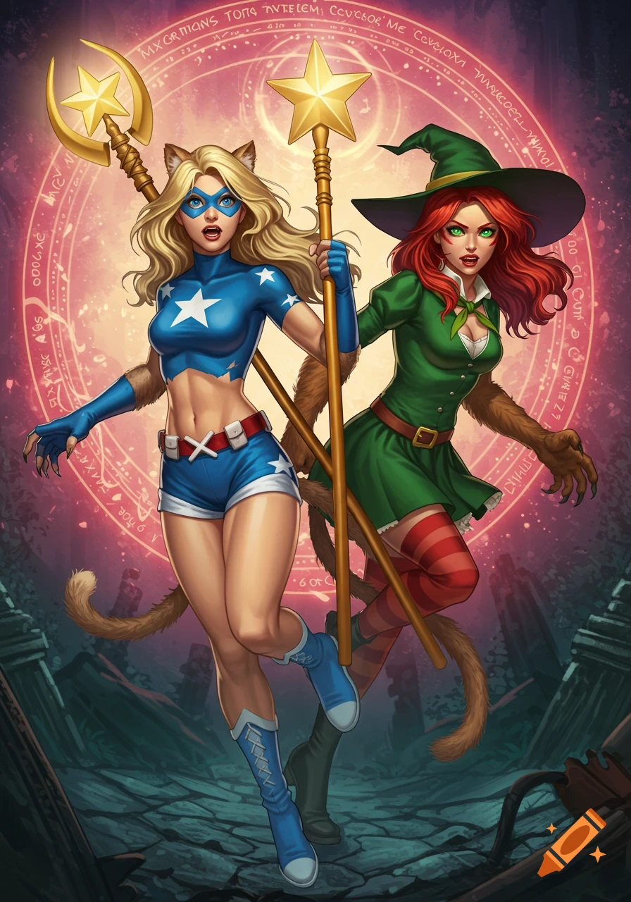 Two female superheroes, Stargirl and Cyclone, depicted as werecats in a vibrant comic art style, holding staffs against a magical background.