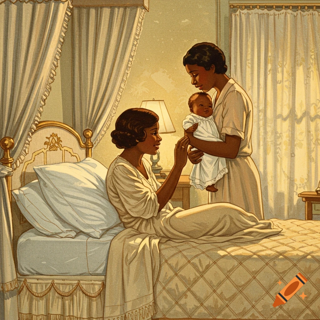 Vintage illustration of two women and a baby in a bedroom. One woman in bed reaches for the baby held by the standing woman.