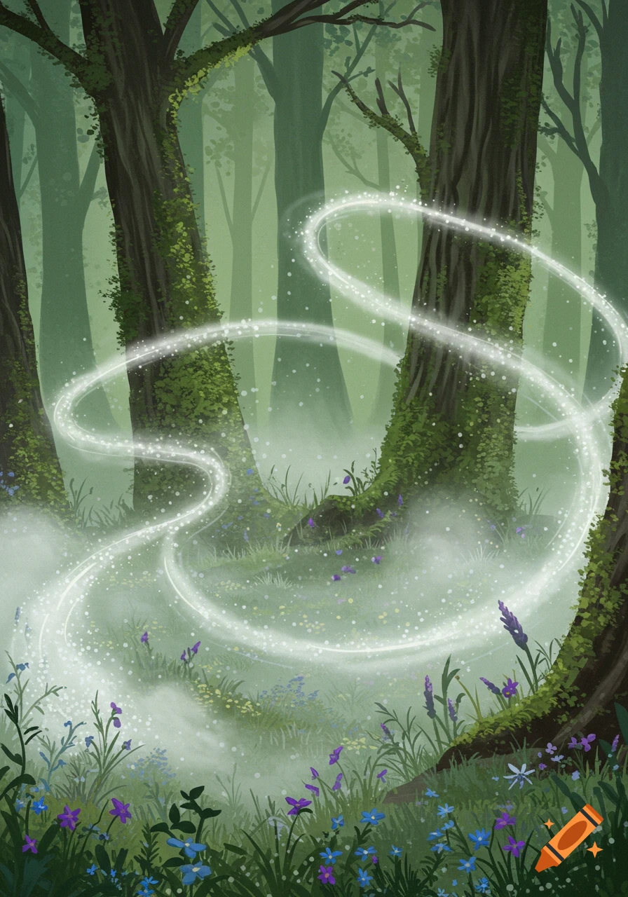 A mystical forest scene with moss-covered trees, wildflowers, and swirling white magical mist and lights.