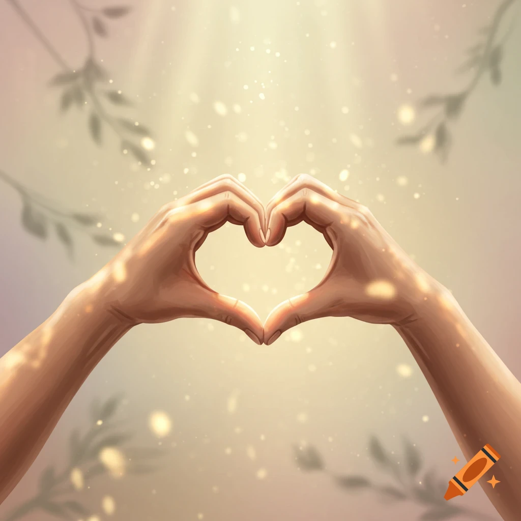 Two illustrated hands form a heart shape against a glowing, light-filled background with faint leaf shadows.