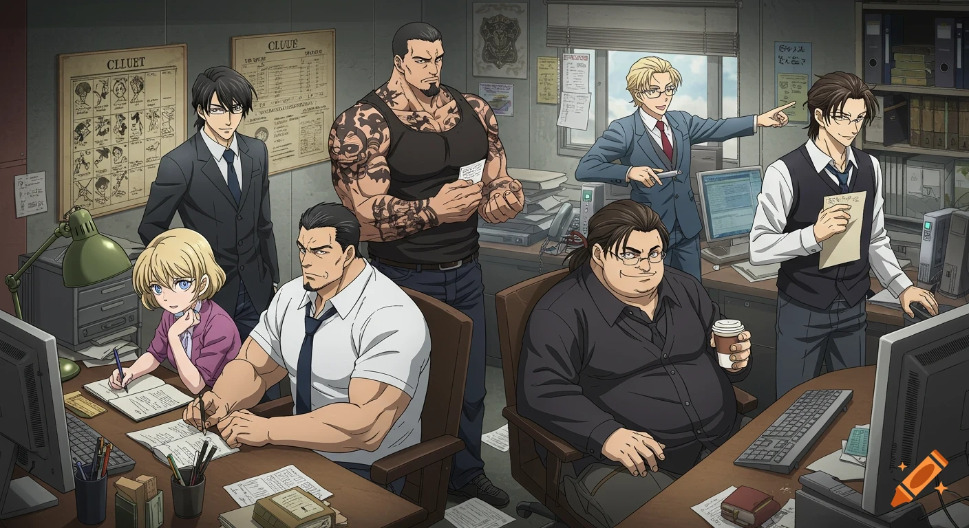 Anime-style image of six diverse detective characters working in a messy police office, with clue boards and computers.