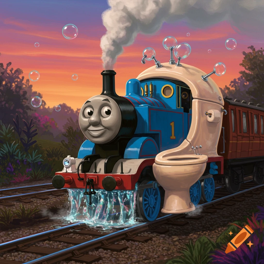 Thomas the Tank Engine is combined with a toilet, splashing water and blowing bubbles on train tracks at sunset.