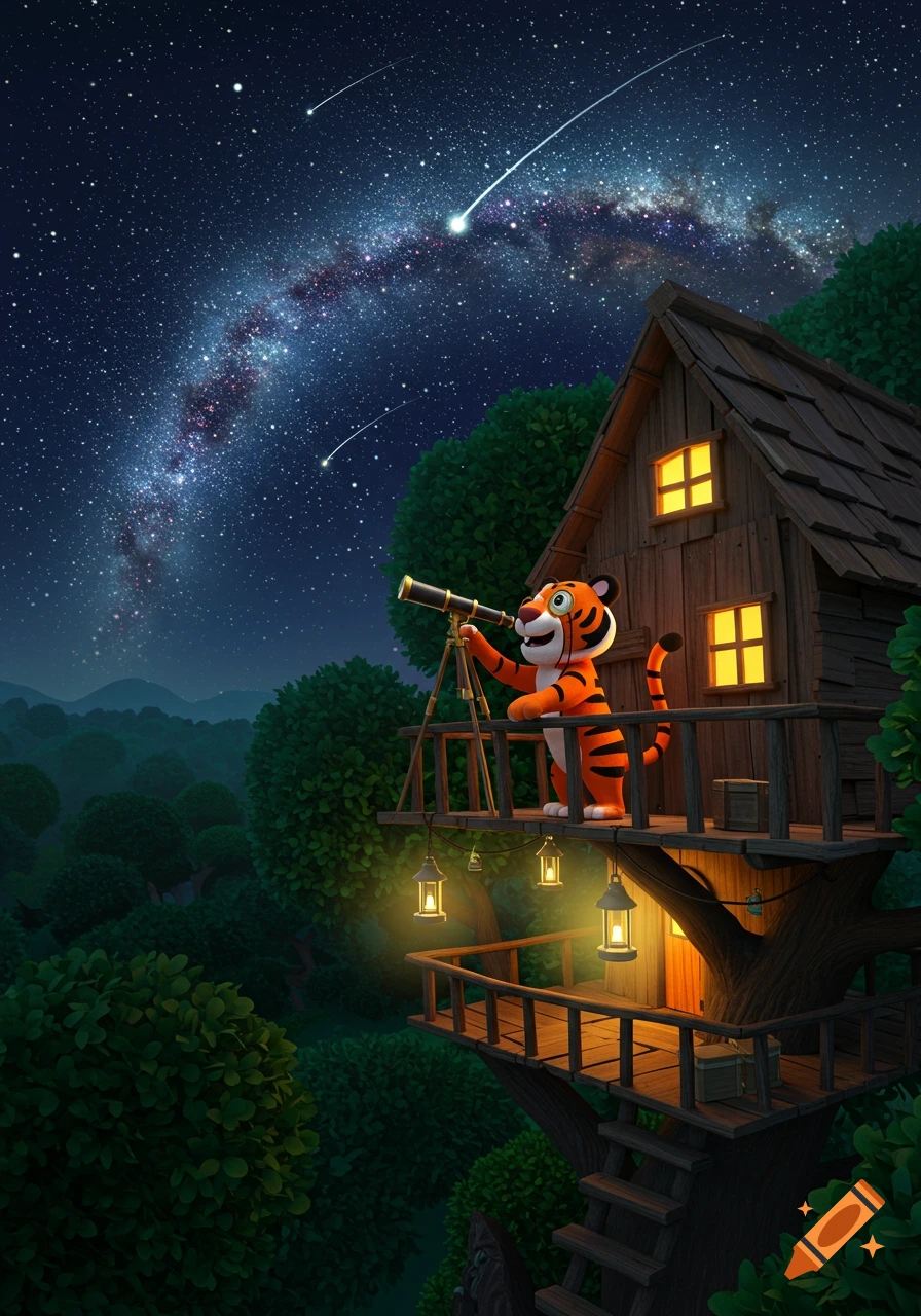 A cheerful cartoon tiger looks through a telescope from a rustic treehouse at a vibrant starry night sky with the Milky Way.